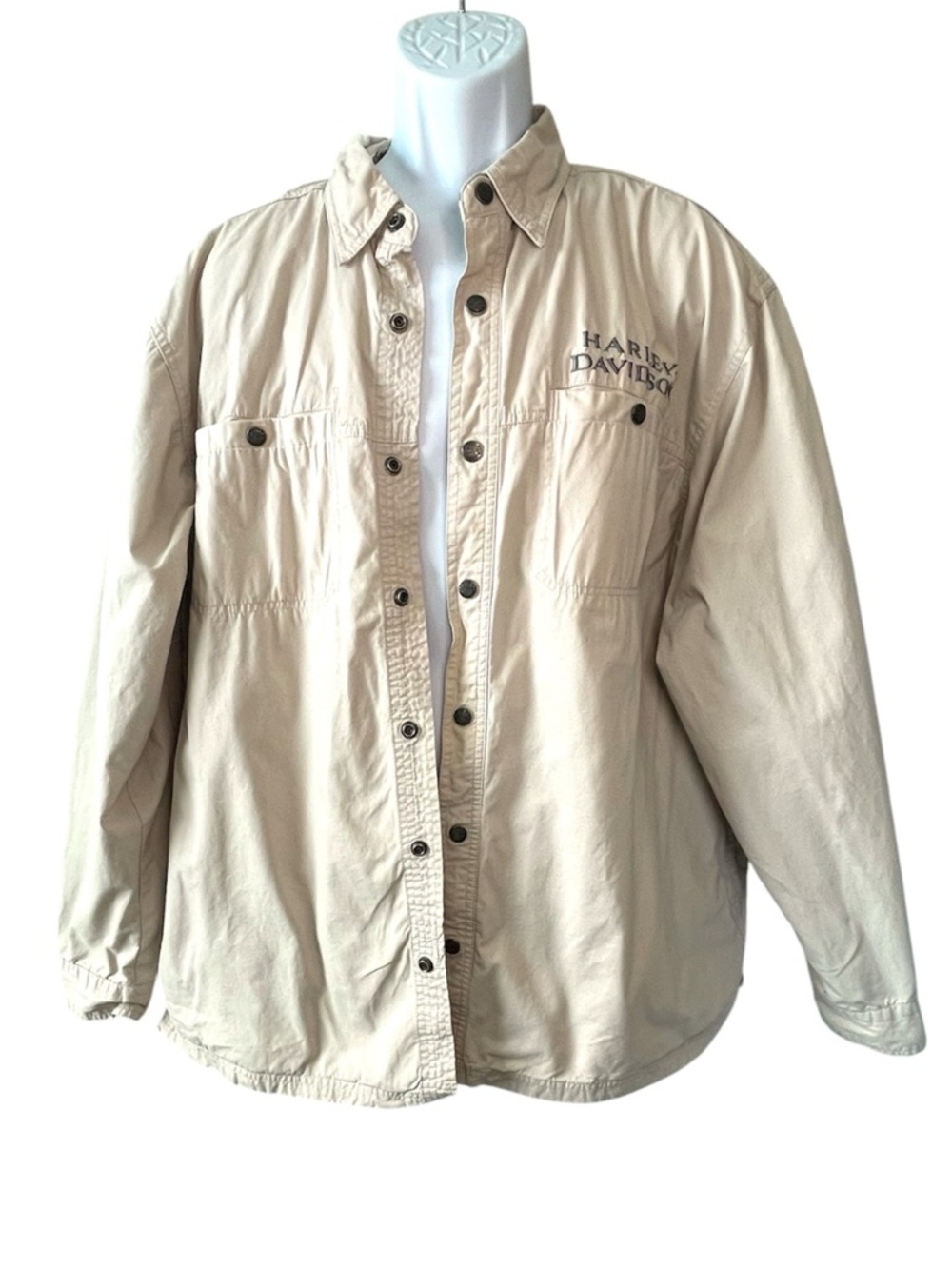 Harley Davidson Jacket XL Beige Workwear Snap Button Embroidered Logo Biker